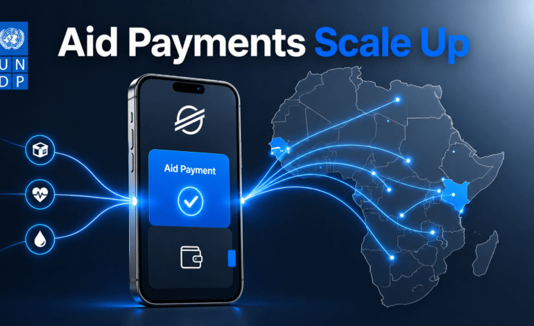 Minimal dark graphic showing a traceable blue digital-aid payment line