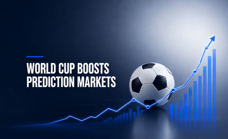Football beside a rising chart showing World Cup prediction market growth