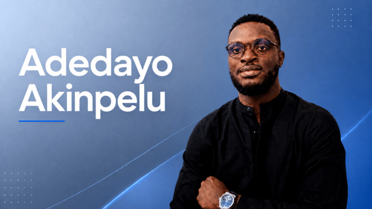 Adedayo Akinpelu, founder and CEO of Blockops, against a dark geometric background
