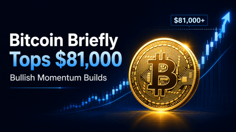 Bitcoin coin beside a rising price chart showing Bitcoin briefly climbing above $81,000