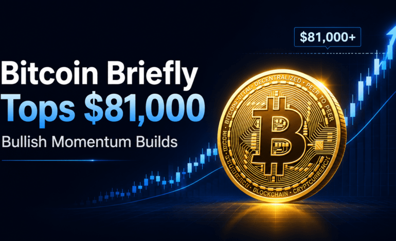 Bitcoin coin beside a rising price chart showing Bitcoin briefly climbing above $81,000