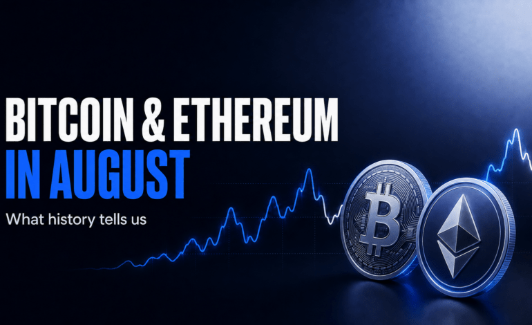 Bitcoin and Ethereum coins beside a fluctuating price graph, illustrating their historical August performance