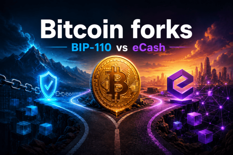 Bitcoin forks illustration showing BIP-110 and eCash splitting into two blockchain paths