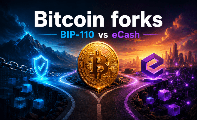 Bitcoin forks illustration showing BIP-110 and eCash splitting into two blockchain paths