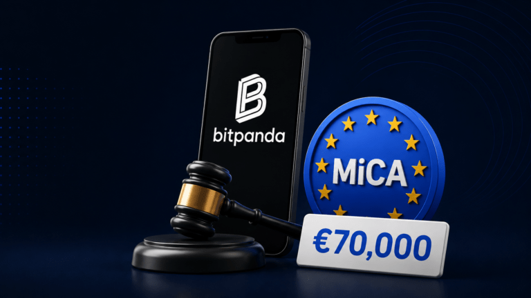 Bitpanda logo beside a MiCA symbol, gavel and €70,000 fine illustration