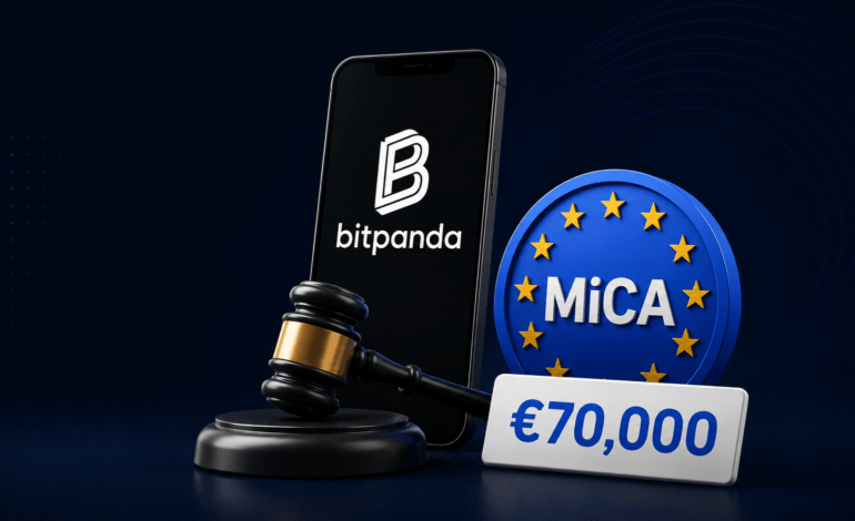 Bitpanda logo beside a MiCA symbol, gavel and €70,000 fine illustration