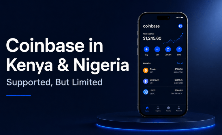 Coinbase mobile app showing limited cryptocurrency support for users in Kenya and Nigeria