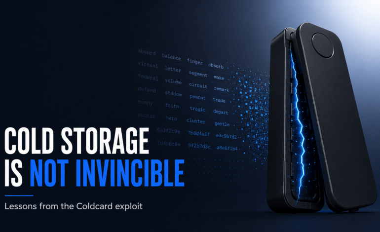 Coldcard-style Bitcoin hardware wallet with a blue security fracture, illustrating the Coldcard wallet exploit