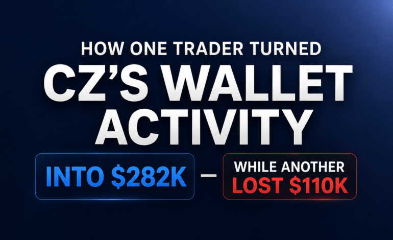 CZ wallet activity headline showing one trader making $282K while another lost $110K