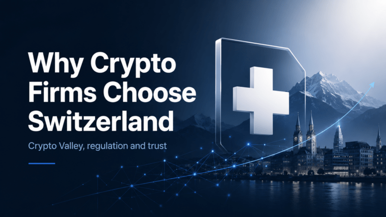 Switzerland Crypto Valley illustration showing the Swiss symbol, blockchain infrastructure and Zurich skyline