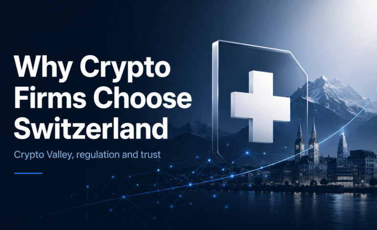 Switzerland Crypto Valley illustration showing the Swiss symbol, blockchain infrastructure and Zurich skyline