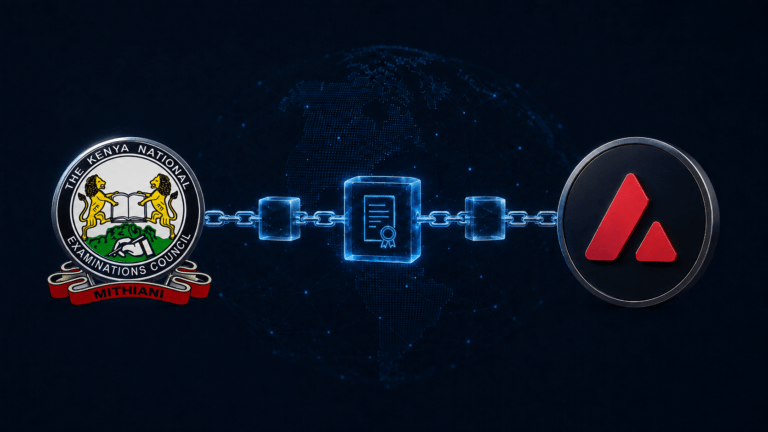 KNEC logo connected to the Avalanche logo through a blockchain certificate network