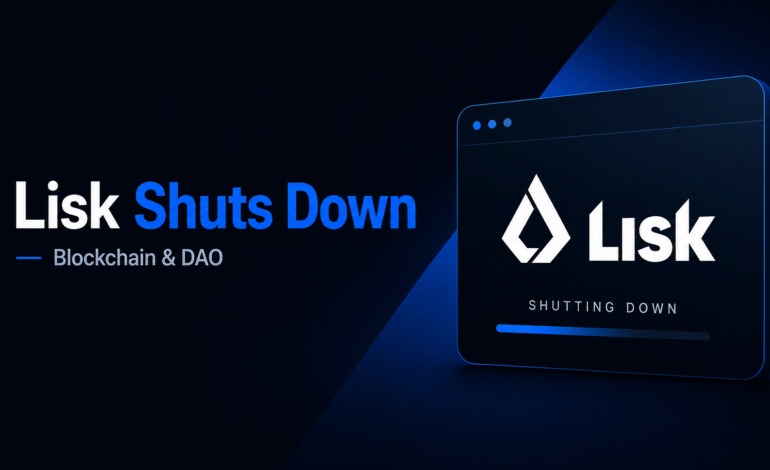Lisk logo on a shutdown screen illustrating the closure of the Lisk blockchain and DAO