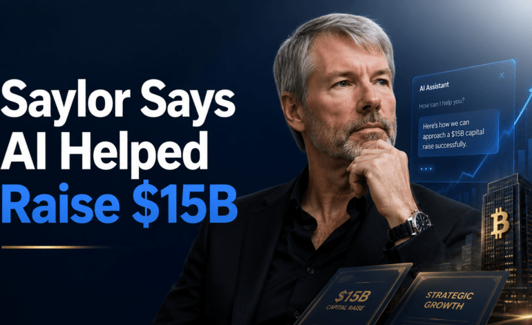 Michael Saylor with AI interface and Bitcoin imagery representing Strategy’s $15 billion capital raise