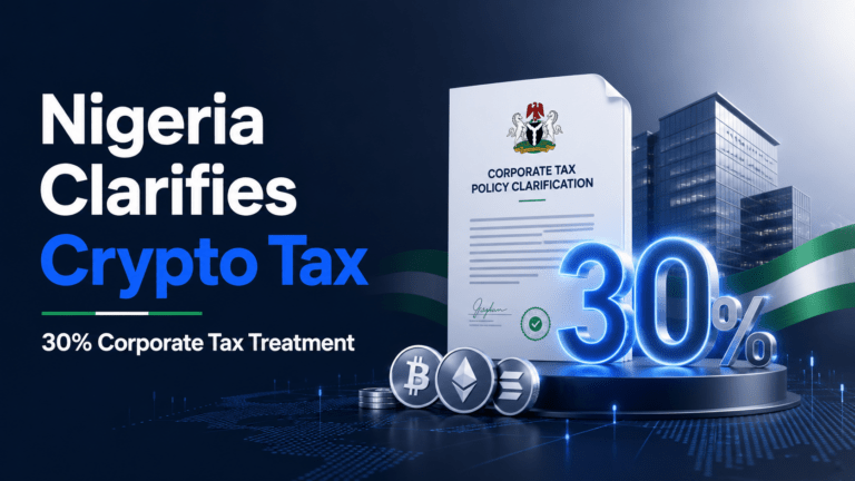 Nigeria crypto corporate tax policy document with a 30% figure and cryptocurrency symbols