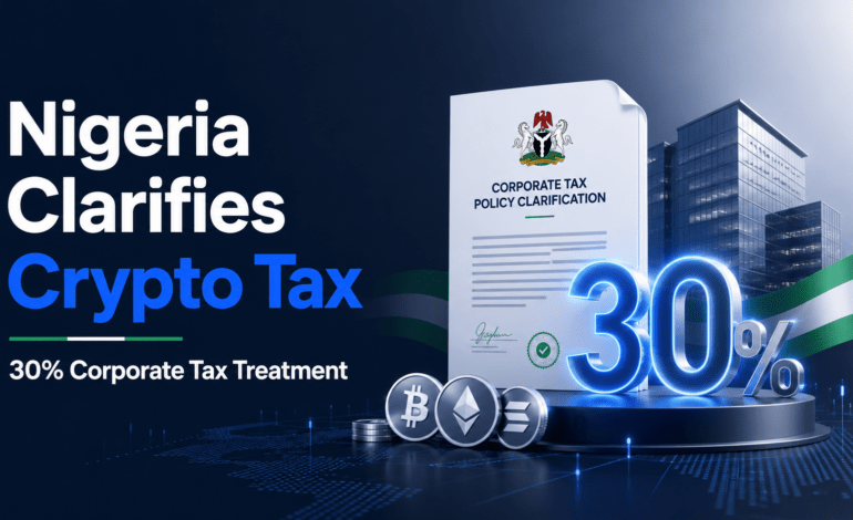 Nigeria crypto corporate tax policy document with a 30% figure and cryptocurrency symbols