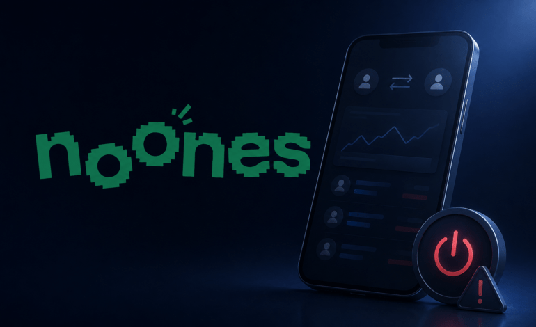 NoOnes logo beside a P2P trading phone and shutdown symbol representing the platform’s closure