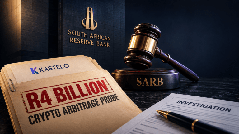 Kastelo investigation file, SARB gavel and South African Reserve Bank building illustrating the R4 billion crypto arbitrage probe
