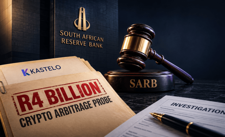 Kastelo investigation file, SARB gavel and South African Reserve Bank building illustrating the R4 billion crypto arbitrage probe