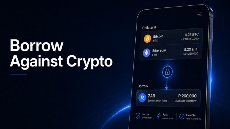 Crypto borrowing interface showing Bitcoin and Ethereum used as collateral to access South African rand