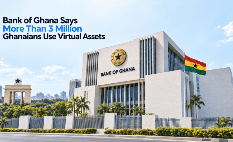 Bank of Ghana building with headline saying more than 3 million Ghanaians use virtual assets