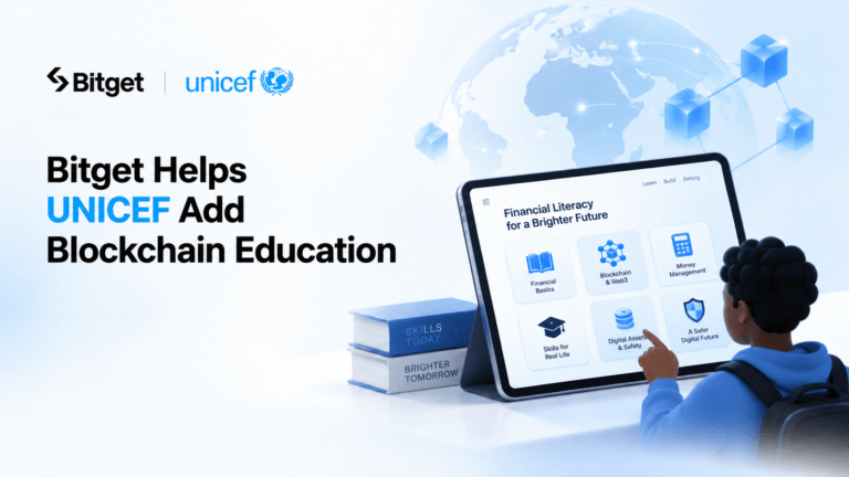 Bitget and UNICEF blockchain education featured image with a student using a financial literacy learning platform