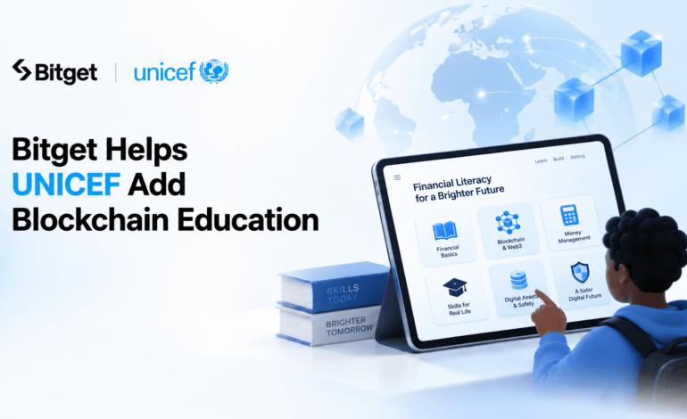 Bitget and UNICEF blockchain education featured image with a student using a financial literacy learning platform