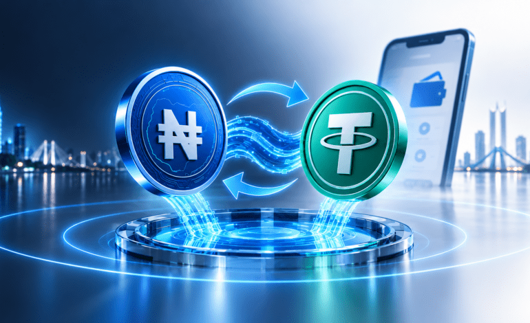 cNGN and USDT coins connected by an on-chain liquidity exchange
