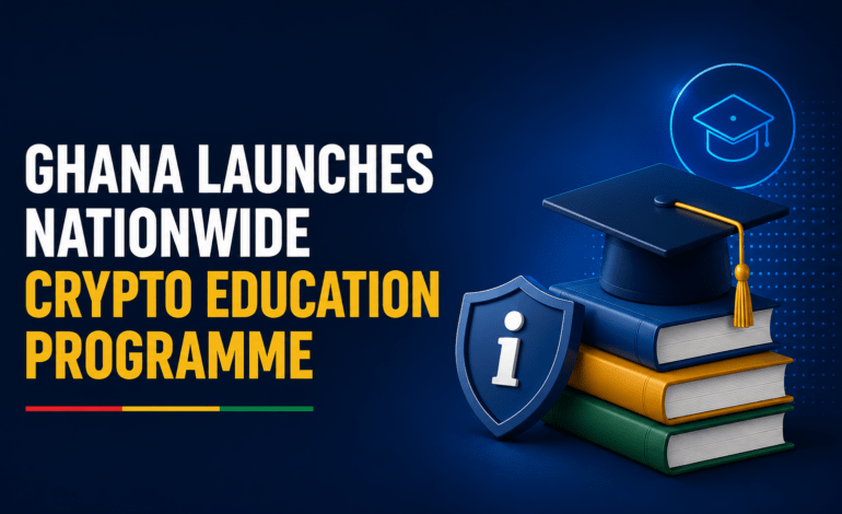 Books, graduation cap and information shield representing Ghana’s nationwide crypto education programme