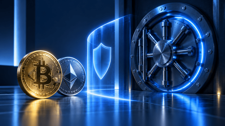 Crypto coins separated from a secure vault by a glowing regulatory shield