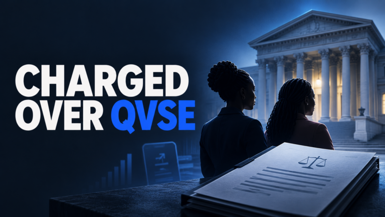 Editorial image showing two women facing a courthouse with the headline Charged Over QVSE, illustrating the Kenya court case linked to the QVSE investment scheme.
