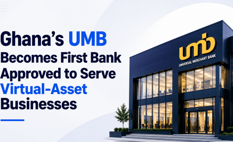 Banking and digital asset illustration representing UMB becoming Ghana’s first bank approved to serve virtual-asset businesses