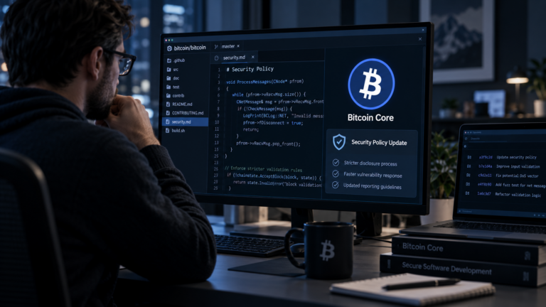 Developer examining Bitcoin Core software security code on a computer screen