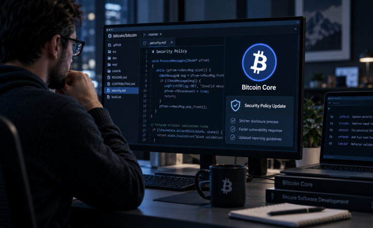 Developer examining Bitcoin Core software security code on a computer screen