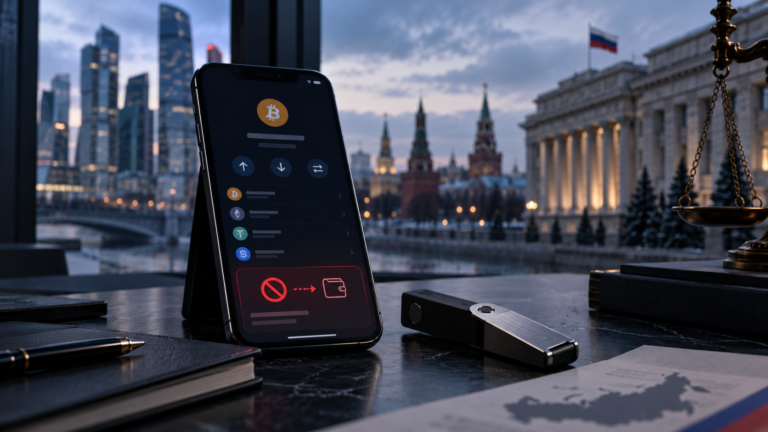 Cryptocurrency hardware wallet and smartphone illustrating Russia's new restrictions on self-custody wallet transfers