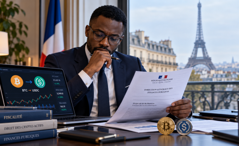 Cryptocurrency trading laptop overlooking Paris representing France's proposed tax on stablecoin swaps