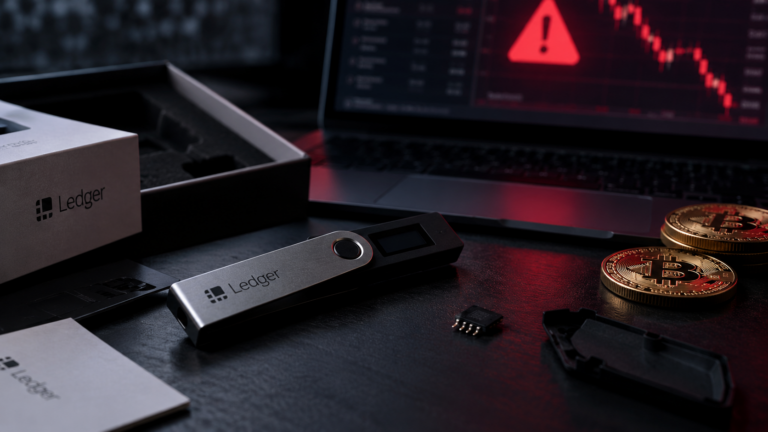 Ledger hardware cryptocurrency wallet beside a laptop illustrating a Bitcoin theft involving compromised devices