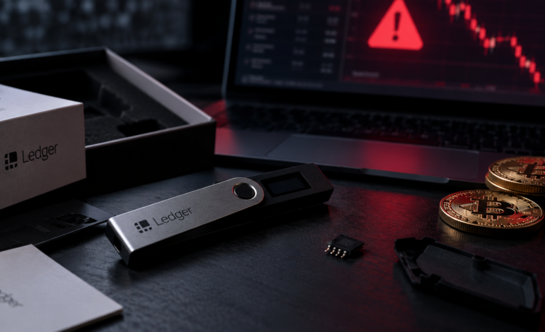 Ledger hardware cryptocurrency wallet beside a laptop illustrating a Bitcoin theft involving compromised devices