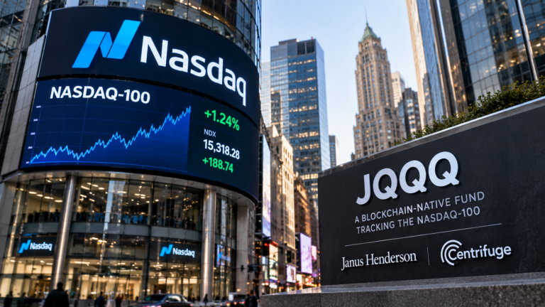 Digital representation of Nasdaq-100 investment assets connected to blockchain infrastructure.
