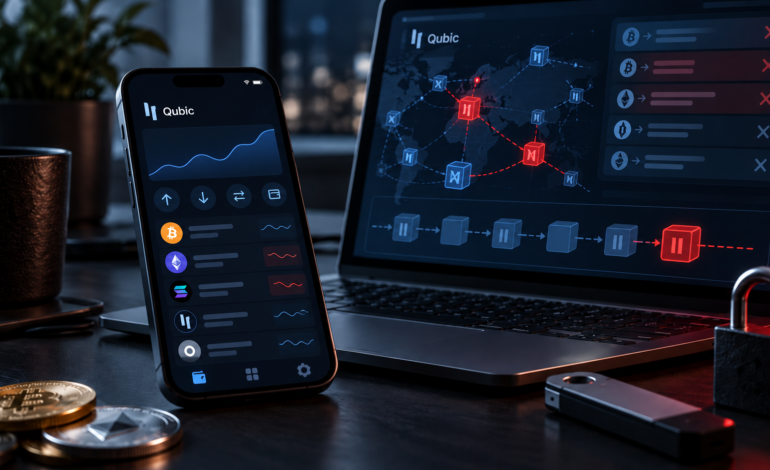 Cryptocurrency wallet on a smartphone beside a laptop illustrating the Qubic wallet security attack