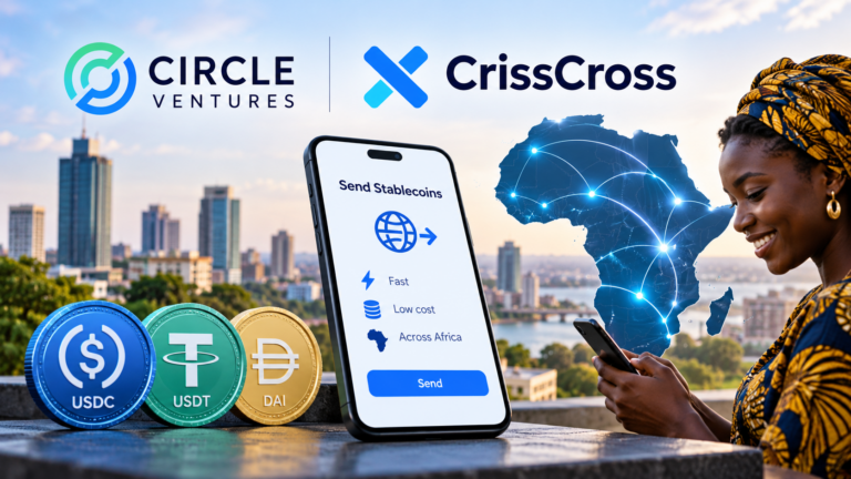 Editorial illustration showing Circle USDC and CrissCross connected through a modern cross-border digital payments network.