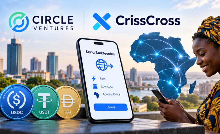 Editorial illustration showing Circle USDC and CrissCross connected through a modern cross-border digital payments network.
