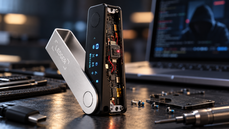 Tampered Ledger hardware wallet opened to reveal malicious internal hardware