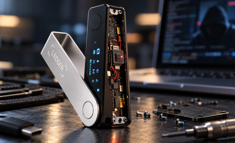 Tampered Ledger hardware wallet opened to reveal malicious internal hardware