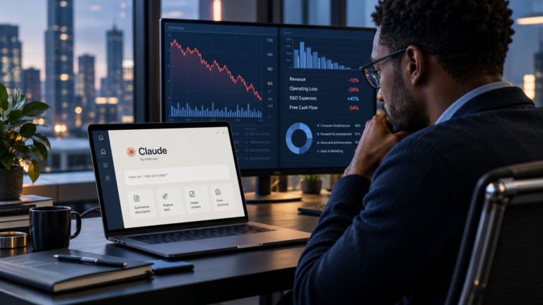 Claude AI displayed on a laptop representing reports of Anthropic's multibillion-dollar net loss