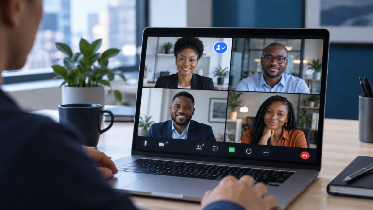 Video conference on a laptop showing a verified human badge representing Zoom's World ID identity verification