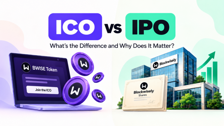 ICO vs IPO comparison showing BWISE tokens and Blockwisely shares