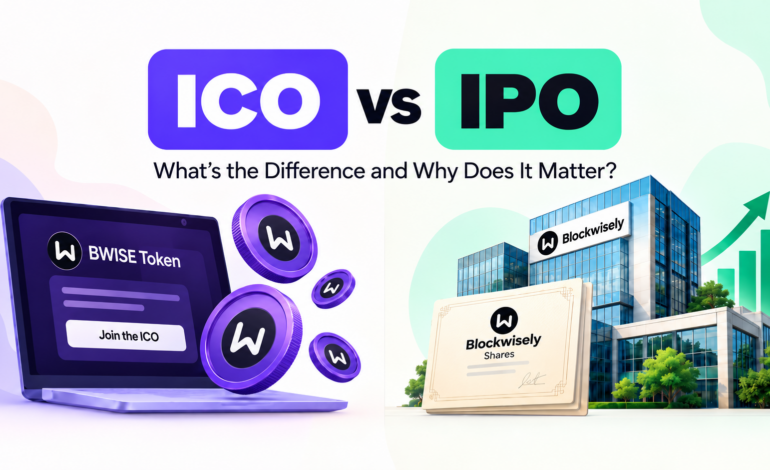 ICO vs IPO comparison showing BWISE tokens and Blockwisely shares
