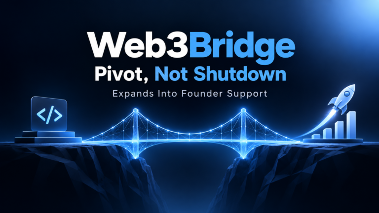 Web3Bridge pivot from developer training to founder support, illustrated by a digital bridge connecting coding and startup growth