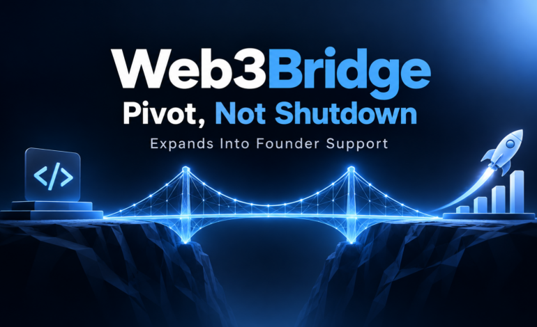 Web3Bridge pivot from developer training to founder support, illustrated by a digital bridge connecting coding and startup growth
